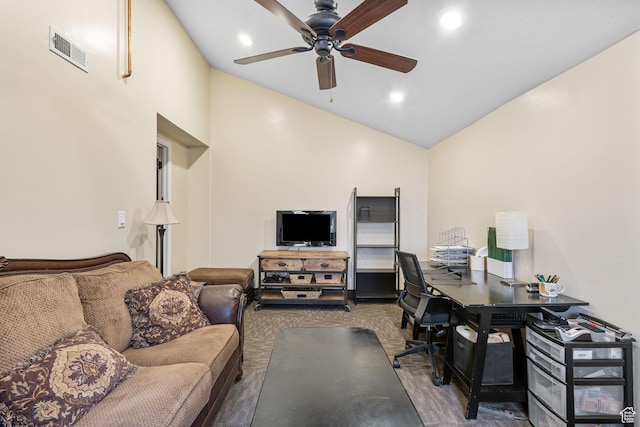 6948 W Dusty Rose Cir, Herriman, UT 84065 - office space with recessed lighting, visible vents, ceiling fan, and vaulted ceiling