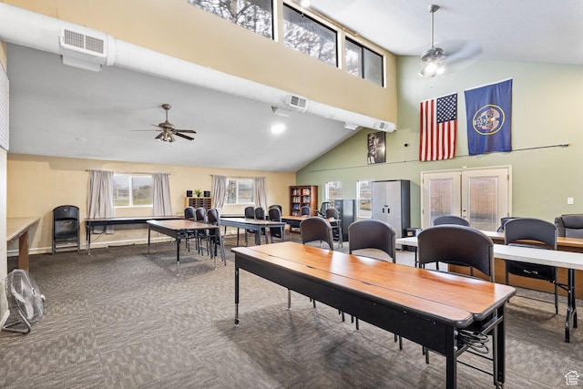 6948 W Dusty Rose Cir, Herriman, UT 84065 - interior space featuring baseboards, a ceiling fan, visible vents, and high vaulted ceiling