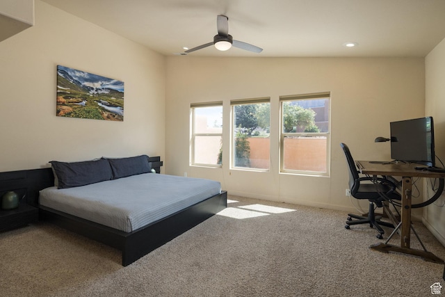 3686 S Spanish Valley Dr Unit U-3, Moab, UT 84532 - carpeted bedroom featuring vaulted ceiling, recessed lighting, baseboards, and ceiling fan