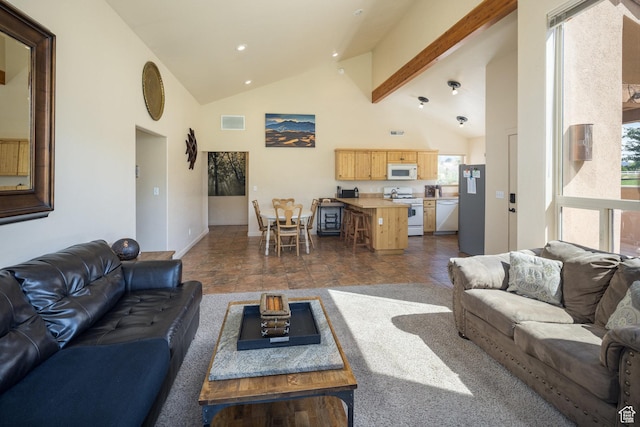 3686 S Spanish Valley Dr Unit U-3, Moab, UT 84532 - living area with visible vents, baseboards, beamed ceiling, recessed lighting, and high vaulted ceiling