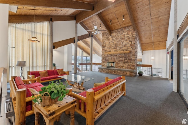 7035 N 2200 W Unit 3W, Park City, UT 84098 - carpeted living room featuring beam ceiling, a ceiling fan, wooden ceiling, and high vaulted ceiling