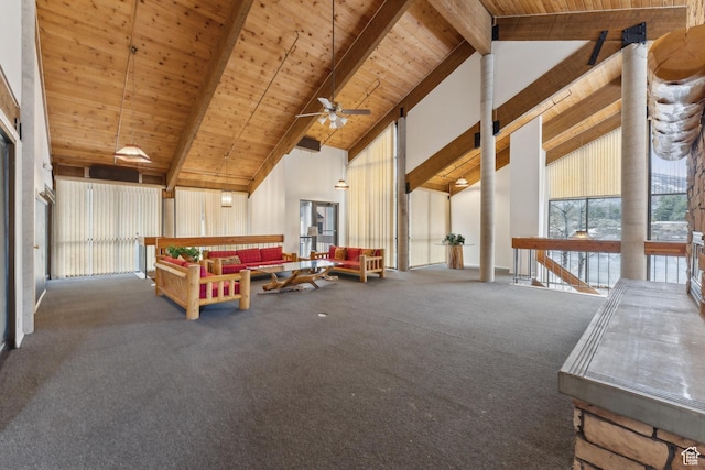 7035 N 2200 W Unit 3W, Park City, UT 84098 - playroom with ceiling fan, wood ceiling, carpet floors, beam ceiling, and high vaulted ceiling