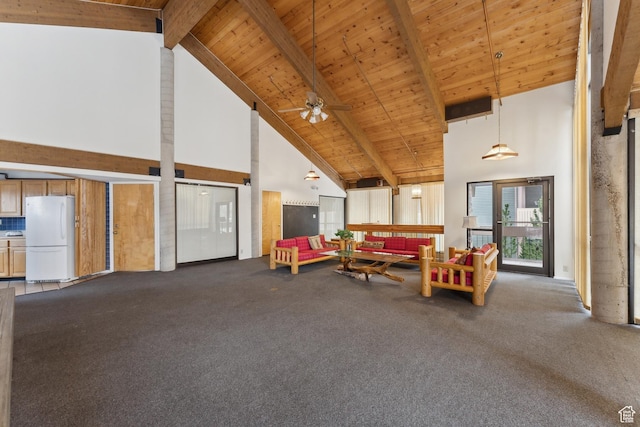 7035 N 2200 W Unit 3W, Park City, UT 84098 - carpeted living room featuring beam ceiling, high vaulted ceiling, wood ceiling, and ceiling fan