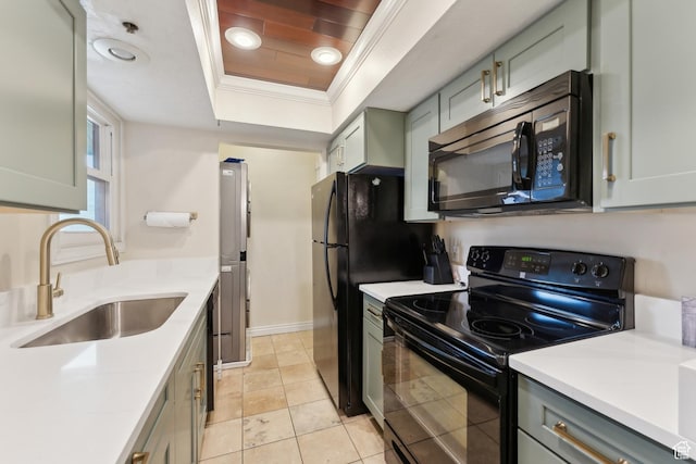 7035 N 2200 W Unit 3W, Park City, UT 84098 - kitchen with light countertops, ornamental molding, black appliances, a raised ceiling, and a sink