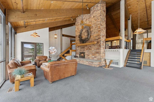 7035 N 2200 W Unit 3W, Park City, UT 84098 - living room featuring visible vents, high vaulted ceiling, beam ceiling, wooden ceiling, and carpet flooring