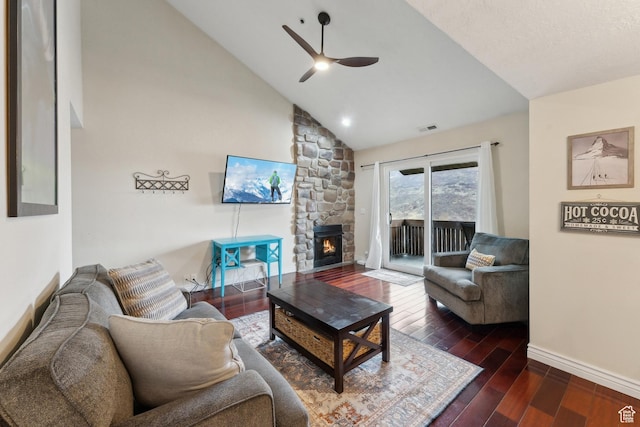 7035 N 2200 W Unit 3W, Park City, UT 84098 - living area featuring visible vents, high vaulted ceiling, a ceiling fan, wood finished floors, and a fireplace