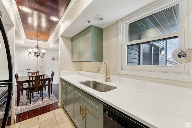 7035 N 2200 W Unit 3W, Park City, UT 84098 - kitchen with black refrigerator, green cabinets, a chandelier, a tray ceiling, and a sink