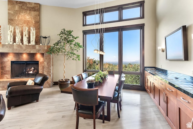 4127 E Mathews Way S, Salt Lake City, UT 84124 - dining area with a high end fireplace, a towering ceiling, and light wood finished floors