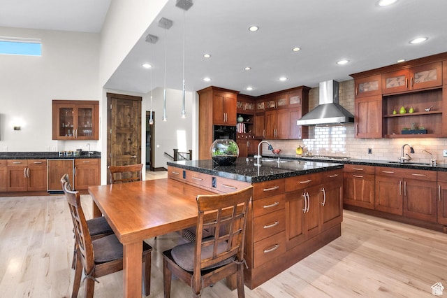4127 E Mathews Way S, Salt Lake City, UT 84124 - kitchen featuring open shelves, a sink, and wall chimney range hood