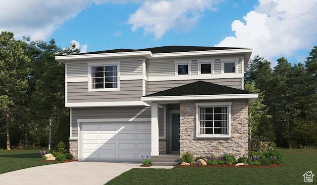 view of front facade with stone siding, an attached garage, driveway, and a front lawn