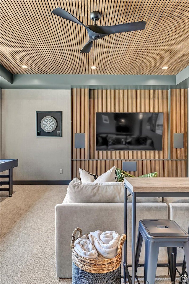 11503 N Soaring Hawk Ln, Hideout, UT 84036 - carpeted living area with ceiling fan and wood ceiling