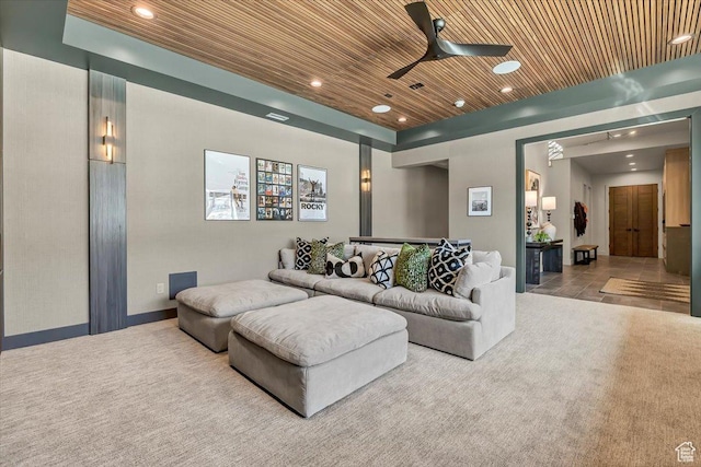 11503 N Soaring Hawk Ln, Hideout, UT 84036 - living room with recessed lighting, wood ceiling, carpet, and ceiling fan