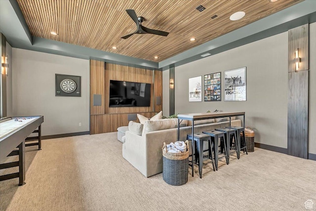11503 N Soaring Hawk Ln, Hideout, UT 84036 - carpeted living area featuring wooden ceiling, ceiling fan, and recessed lighting