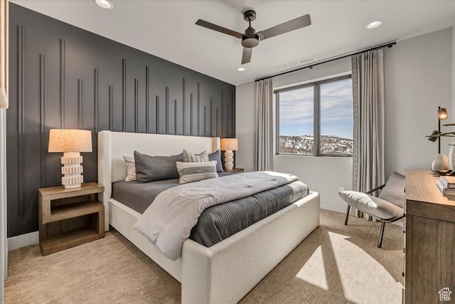 11503 N Soaring Hawk Ln, Hideout, UT 84036 - bedroom with light colored carpet, recessed lighting, and a ceiling fan