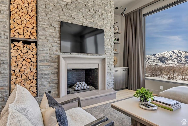 11503 N Soaring Hawk Ln, Hideout, UT 84036 - living room featuring a fireplace with raised hearth and wood finished floors