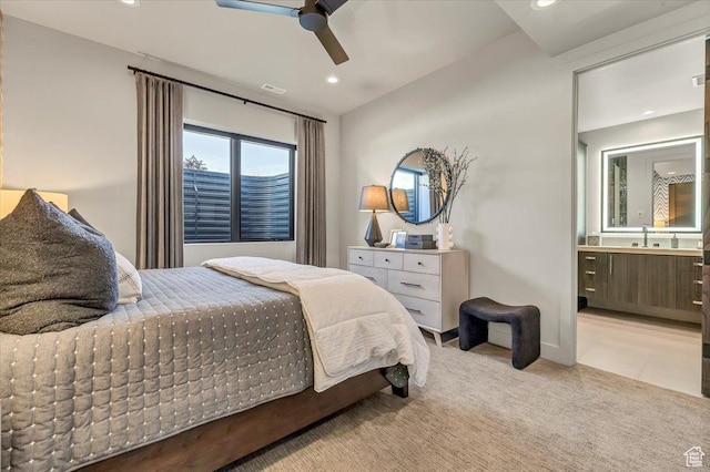 11503 N Soaring Hawk Ln, Hideout, UT 84036 - bedroom with recessed lighting, light colored carpet, ensuite bathroom, and ceiling fan