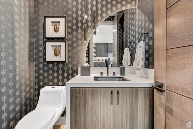 11503 N Soaring Hawk Ln, Hideout, UT 84036 - half bath featuring wallpapered walls and vanity