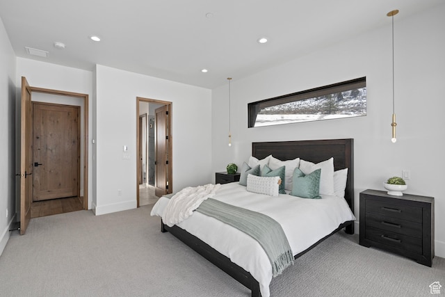 6421 E Evening Star Dr, Kamas, UT 84036 - bedroom featuring recessed lighting, light colored carpet, baseboards, and visible vents