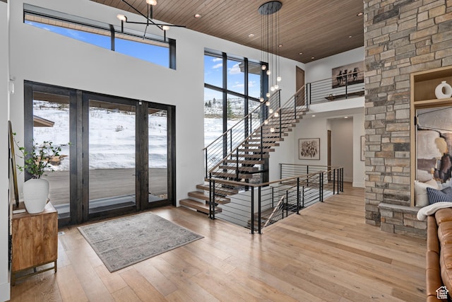 6421 E Evening Star Dr, Kamas, UT 84036 - entrance foyer featuring wooden ceiling, a towering ceiling, recessed lighting, and wood-type flooring
