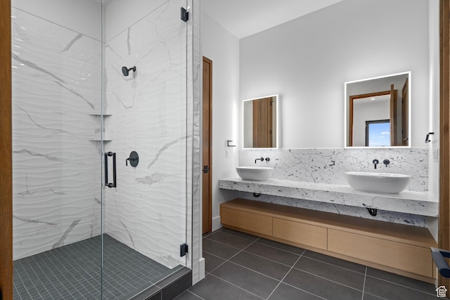 6421 E Evening Star Dr, Kamas, UT 84036 - bathroom with a marble finish shower, tile patterned flooring, tasteful backsplash, and a sink