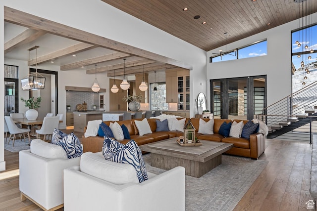 6421 E Evening Star Dr, Kamas, UT 84036 - living room featuring beam ceiling, recessed lighting, hardwood / wood-style flooring, wood ceiling, and a chandelier