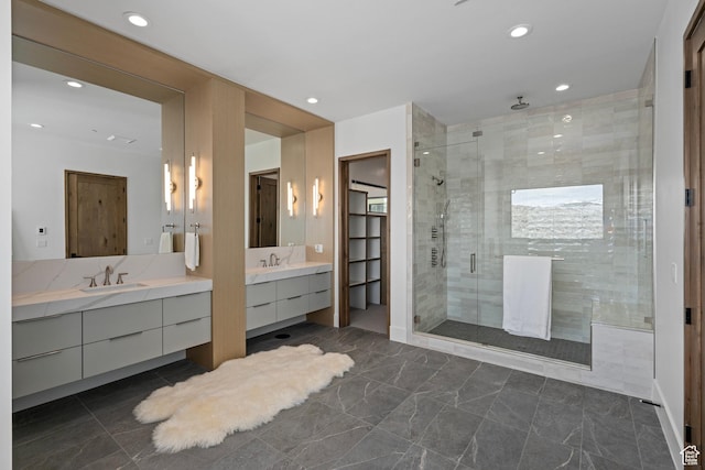 6421 E Evening Star Dr, Kamas, UT 84036 - full bathroom featuring a sink, two vanities, a stall shower, and recessed lighting