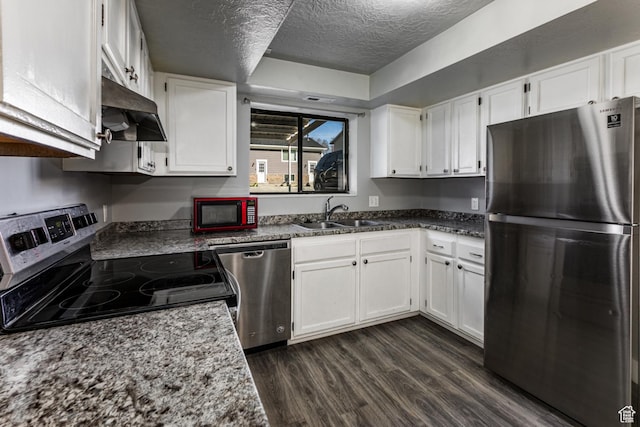 1325 S Lincoln Ave Unit 19, Ogden, UT 84404 - kitchen featuring dark wood-style floors, a sink, under cabinet range hood, appliances with stainless steel finishes, and white cabinetry