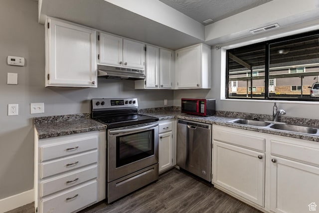 1325 S Lincoln Ave Unit 19, Ogden, UT 84404 - kitchen with visible vents, under cabinet range hood, a sink, stainless steel appliances, and dark wood-style flooring