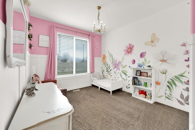 2998 E 80 S, Spanish Fork, UT 84660 - bedroom with a wainscoted wall, carpet flooring, a chandelier, a decorative wall, and visible vents