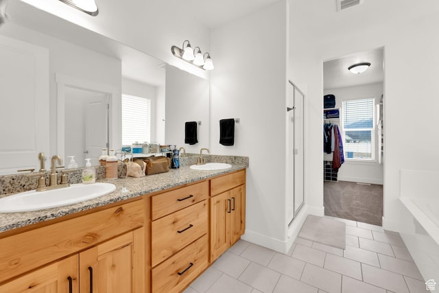 2998 E 80 S, Spanish Fork, UT 84660 - full bathroom featuring double vanity, a sink, tile patterned floors, and a shower stall