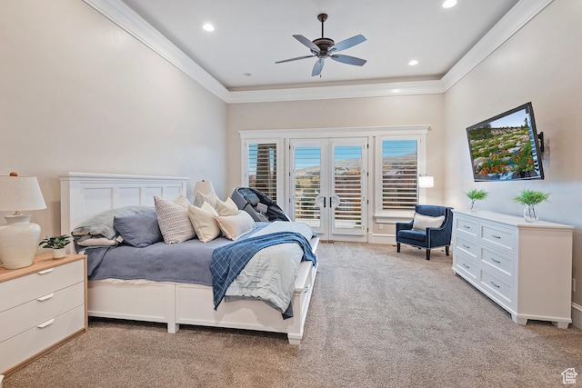 bedroom featuring light carpet, access to exterior, ornamental molding, a ceiling fan, and recessed lighting