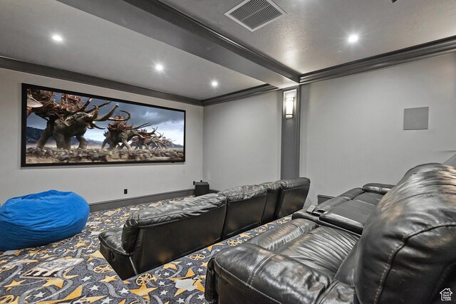 home theater featuring crown molding and recessed lighting
