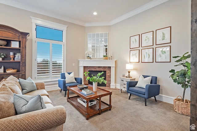 living room with baseboards, ornamental molding, a brick fireplace, light carpet, and recessed lighting