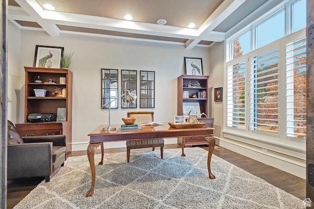 home office with coffered ceiling, wood finished floors, beam ceiling, recessed lighting, and baseboards