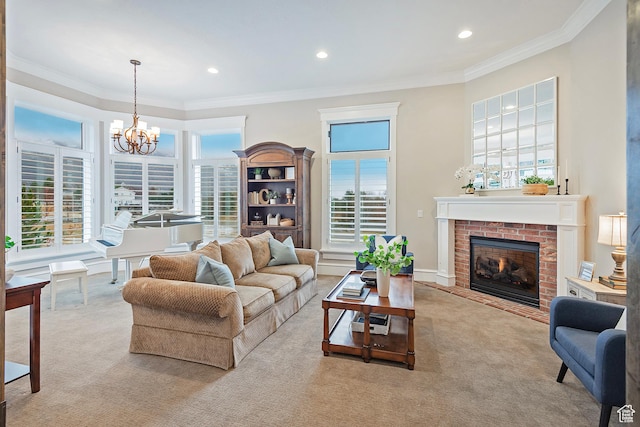 living area with carpet flooring, healthy amount of natural light, crown molding, a brick fireplace, and recessed lighting
