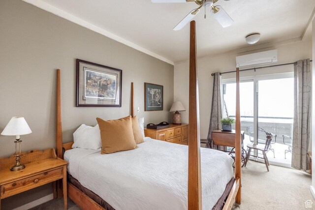 1385 Lowell Ave Unit 101, Park City, UT 84060 - bedroom featuring a wall mounted air conditioner, light carpet, ceiling fan, and access to outside