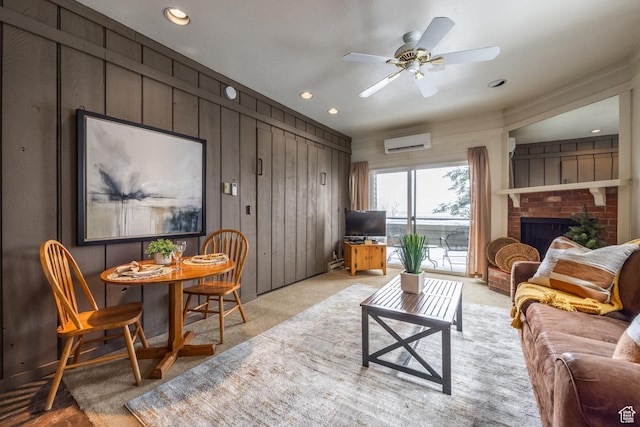 1385 Lowell Ave Unit 101, Park City, UT 84060 - living room with a wall unit AC, a ceiling fan, wood walls, a brick fireplace, and light colored carpet