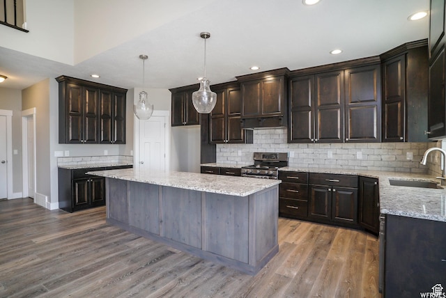 kitchen featuring stainless steel gas range oven, wood finished floors, under cabinet range hood, and a sink