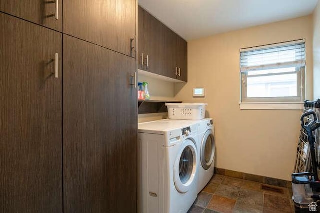 1689 E Kierstin Pl, Salt Lake City, UT 84108 - clothes washing area featuring baseboards, cabinet space, separate washer and dryer, and stone finish flooring