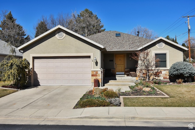 1689 E Kierstin Pl, Salt Lake City, UT 84108 - ranch-style home featuring concrete driveway, roof with shingles, stucco siding, a garage, and stone siding