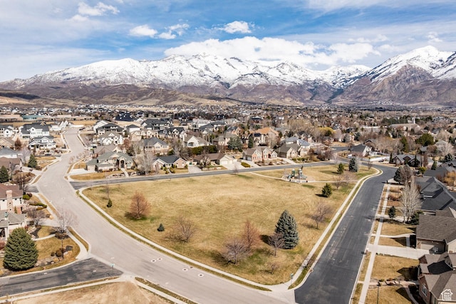 drone / aerial view featuring a mountain view and a residential view