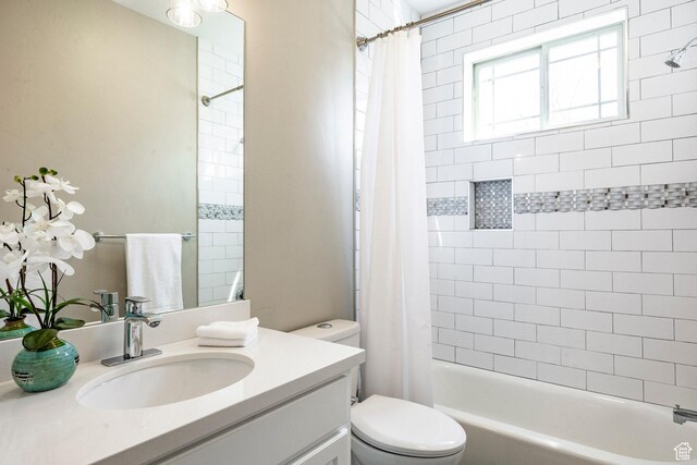 6302 Lone Rock Rd, Highland, UT 84003 - bathroom with vanity, toilet, and shower / bath combination with curtain