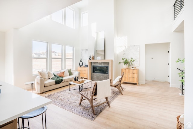 living area featuring light wood finished floors, a towering ceiling, and plenty of natural light