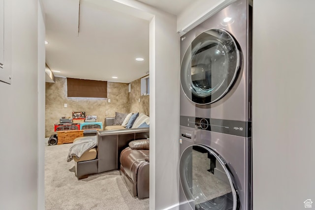 6259 S 340 E, Murray, UT 84107 - laundry room with recessed lighting, stacked washer / drying machine, carpet floors, and laundry area