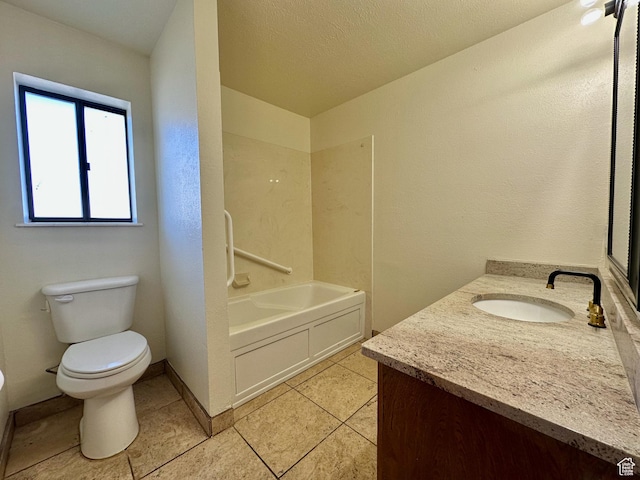 full bath with tile patterned floors, toilet, a bathing tub, baseboards, and vanity