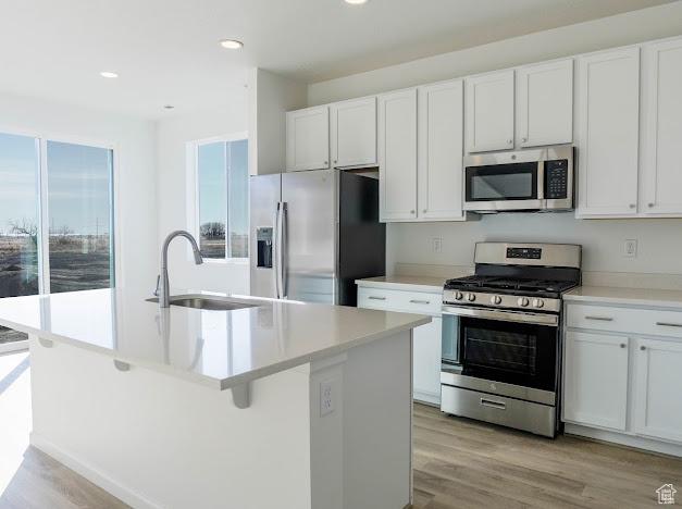1114 W 450 S Unit 62, Brigham City, UT 84302 - kitchen with appliances with stainless steel finishes, a sink, recessed lighting, white cabinetry, and light wood finished floors
