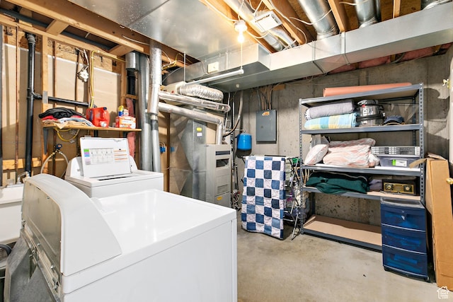 unfinished basement featuring electric panel, heating unit, and washer and dryer