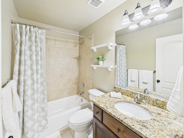 full bathroom with shower / bath combo with shower curtain, visible vents, toilet, and vanity