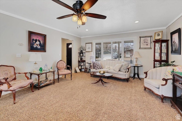 1564 N 1600 E, Logan, UT 84341 - carpeted living room with crown molding, recessed lighting, and ceiling fan