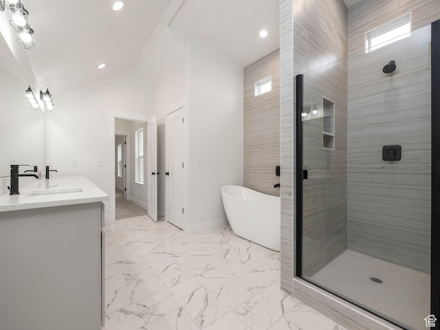 804 W 900 S, Springville, UT 84663 - full bathroom featuring double vanity, a soaking tub, marble finish floor, and a shower stall